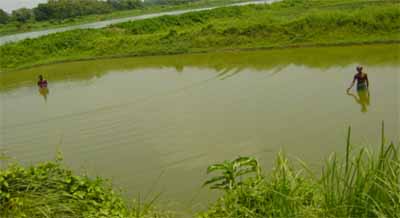 Tele Net Fish Chaser being installed in the fish pond for studying growth of fish fry.
